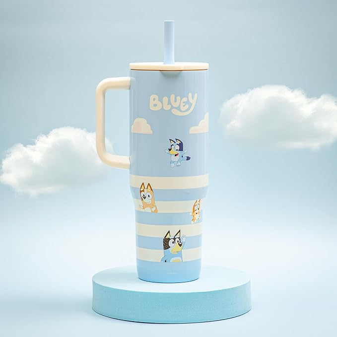 Zak Designs Bluey Sutton Travel Tumbler for On the Go, 30oz Stainless Steel with Vacuum Insulation, Silicone Straw, and Carry Handle for Cold Drinks (Bluey, Bingo, Bandit, Chilli)