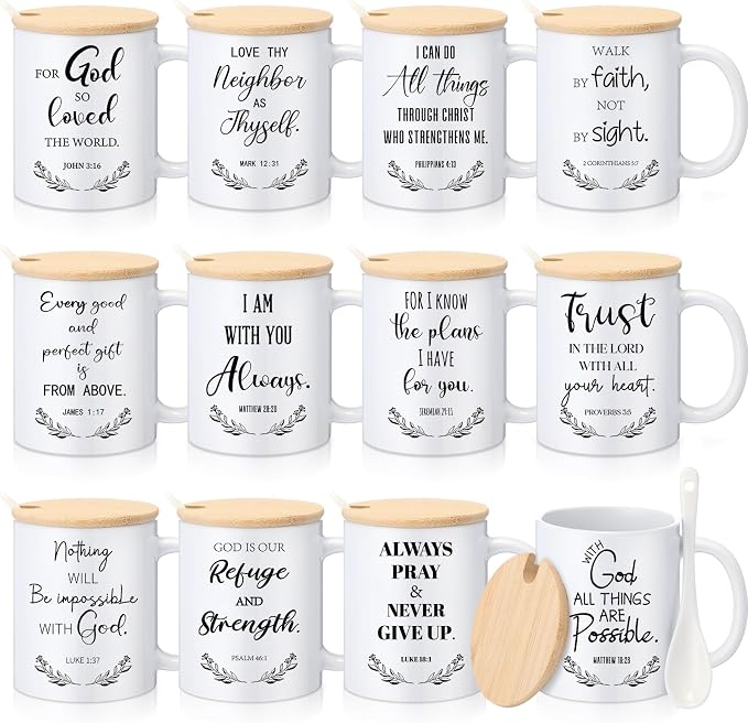 Didaey 12 Sets Christian Gifts Bulk Religious Coffee Mugs 12oz Bible Verses White Ceramic Cup with Lid Handle Spoon Inspirational Mug Church Gift for Men Coworker Employee Staff(Christian)