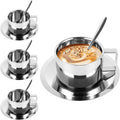 200 Ml/7 Oz Stainless Steel Espresso Cups Set of 4 Stainless Steel Coffee Mug with Saucer and Spoon Double Walled Mug Cup 7 Oz StainlessSteel Coffee Cup with Saucer for Latte, Milk, Tea