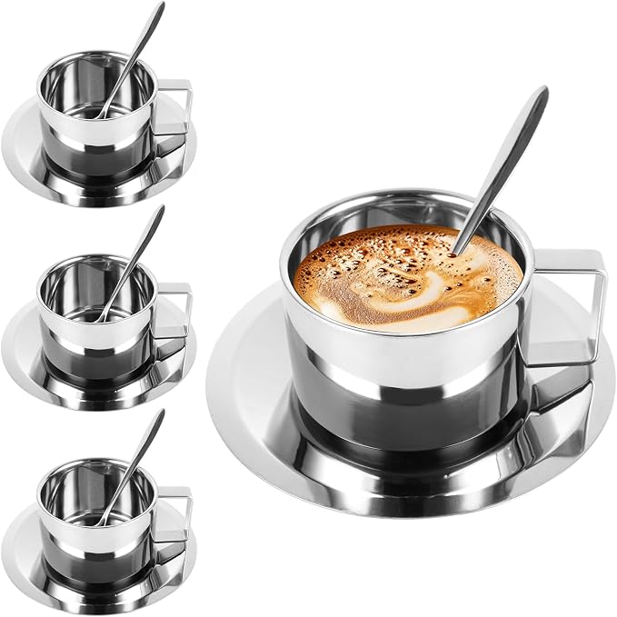 200 Ml/7 Oz Stainless Steel Espresso Cups Set of 4 Stainless Steel Coffee Mug with Saucer and Spoon Double Walled Mug Cup 7 Oz StainlessSteel Coffee Cup with Saucer for Latte, Milk, Tea
