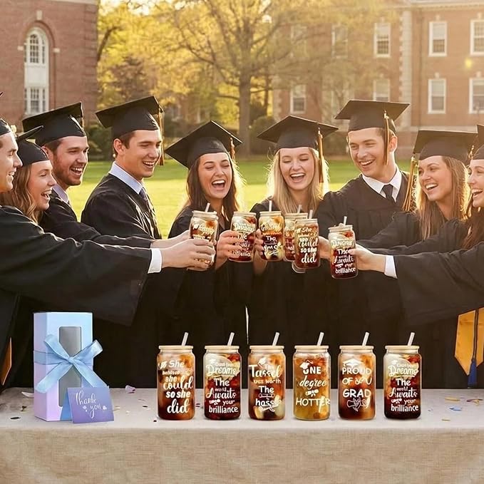 12 Set Graduation Gifts Glass Cups, Congratulations Graduate Cups with Lid Straw, 16oz Can Shaped Beer Glass Cups Inspirational Grad Gifts, College Master's Degree Graduation Party Supplies