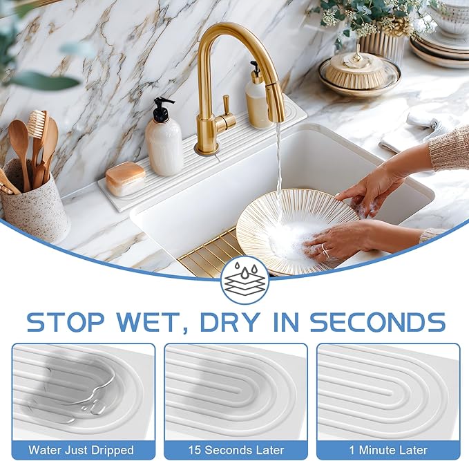 Stone Faucet Mat for Kitchen Sink, Water Absorbent Fast Drying Stone Tray for Sink , Quick Dry Diatomite Splash Guard for Bathroom Counter to Prevent Moisture Buildup, 23.6" x 4", White
