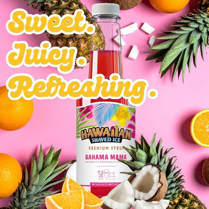 Hawaiian Shaved Ice Bahama Mama Syrup - Nut Soy Dairy Free - Flavor Fluffy & Crunchy Snow Cones - Shelf Stable - Makes 8 Servings - 16 ounces