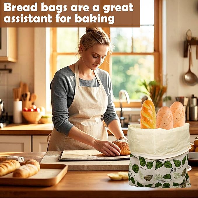 Reusable plastic-free beeswax lined - FDA cleared -fabric bread bags, beeswax toast storage pack (2ea),flax ciabatta storage pack, Moisture-proof fabric with zipper and buckle(Green Leaf)