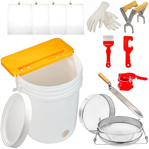 10 PCS Honey Harvesting Beekeeping Tool Kit, 5 Gallon Bucket with Gate, 50 Pairs Gloves, Honey Extractor Kit Uncapping Knife Tank Holder Strainer Fork Gripper, Lids Opener, 4 PCS Filter Bags