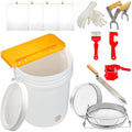 10 PCS Honey Harvesting Beekeeping Tool Kit, 5 Gallon Bucket with Gate, 50 Pairs Gloves, Honey Extractor Kit Uncapping Knife Tank Holder Strainer Fork Gripper, Lids Opener, 4 PCS Filter Bags