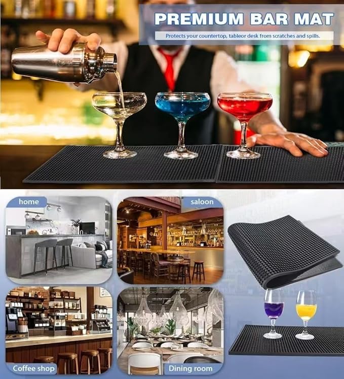 WANGCHAO Bar Mats Set of 4 Nonslip Flexible Rubber Black Bar Service Spill Mat Barber Mats Dish Drying Mat (24" x 3"+18" x 12"+12" x 3"+12" x 6")