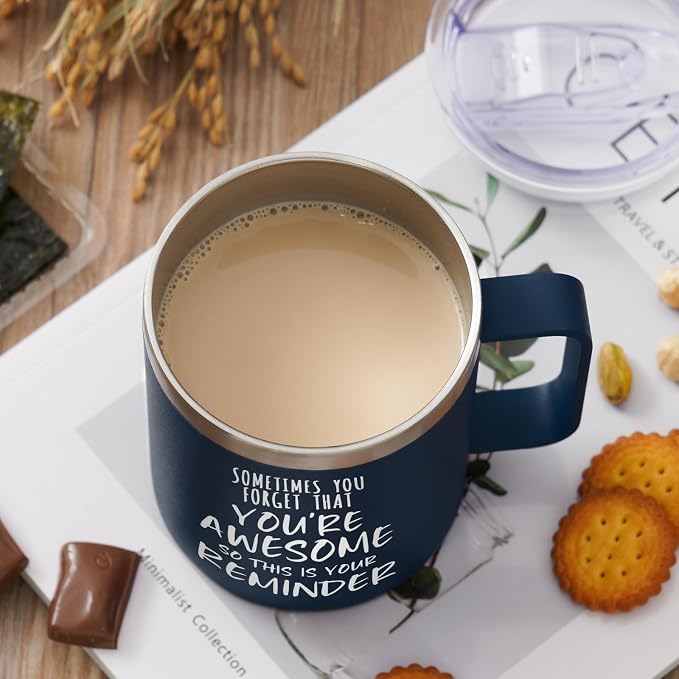 NOWWISH Inspirational Coffee Mug for Men, 14oz Vacuum Insulated Stainless Steel Cup, You Are Awesome Gift for Husband, Boyfriend, Dad - Navy Blue