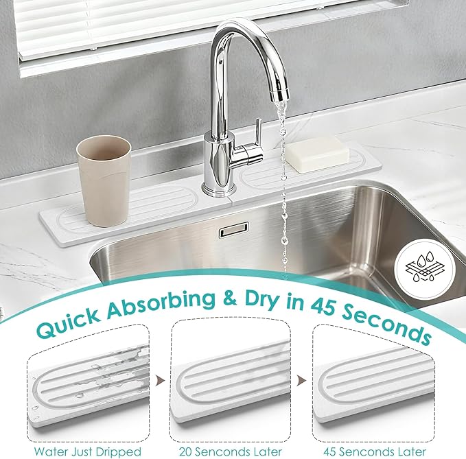 4Pcs Stone Faucet Mat for Kitchen Sink, Diatomite Quick Dry Water Absorbing Stone Tray & Sink Protector Splash Guard for Bathroom Counter, White, 23.46" x 3.86"