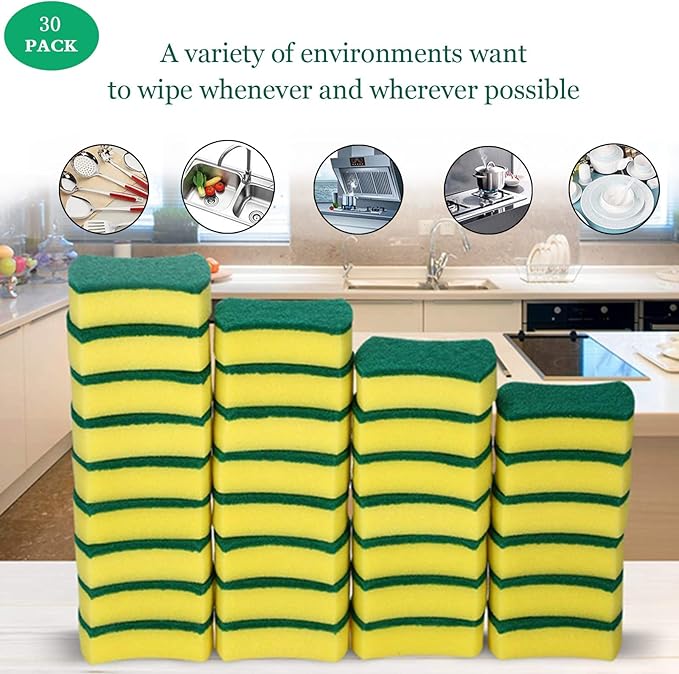 (Pack of 30) Kitchen Sponges Pack,Scrub Daddy sponges,Dish Sponge,Double Face Non-Scratch Scrub Sponge，Super Absorbent Multi-Use Cleaning Sponge,Widely Used in Kitchen, Bathroom, Outdoor
