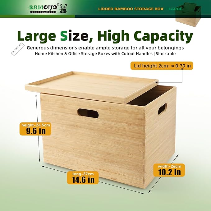 BAMOTTO CRAFTBAMBOO Large 14.6”x10.2”x9.6” Lidded Bamboo Storage Bins - Stackable with Handles, Box/Cube/Basket for Home Kitchen Office, Organize Tableware Toys Crafts Books