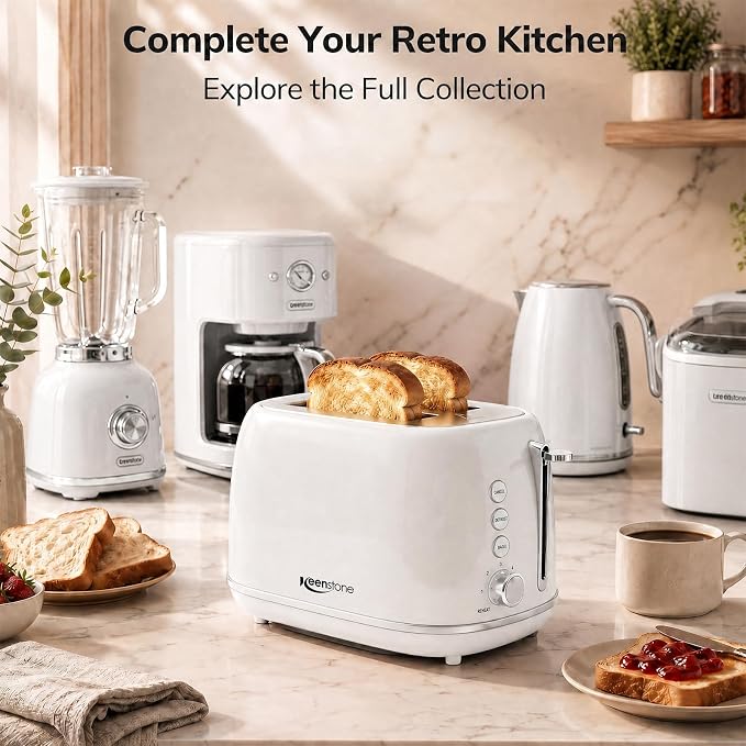 Keenstone Toaster 2 Slice, Retro Wide Slot Stainless Steel Toaster with 6 Browning Levels, Reheat & Defrost, for Bagel, Toast, Bread, Kitchen Essentials, Removable Crumb Tray, White