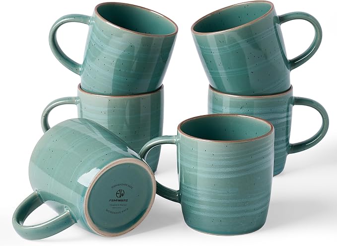 famiware Coffee Mugs Set of 6, Meteor 13 oz Ceramic Mug Cup Set with Handle for Coffee, Tea, Cappuccino, Latte, Milk, Peacock Green