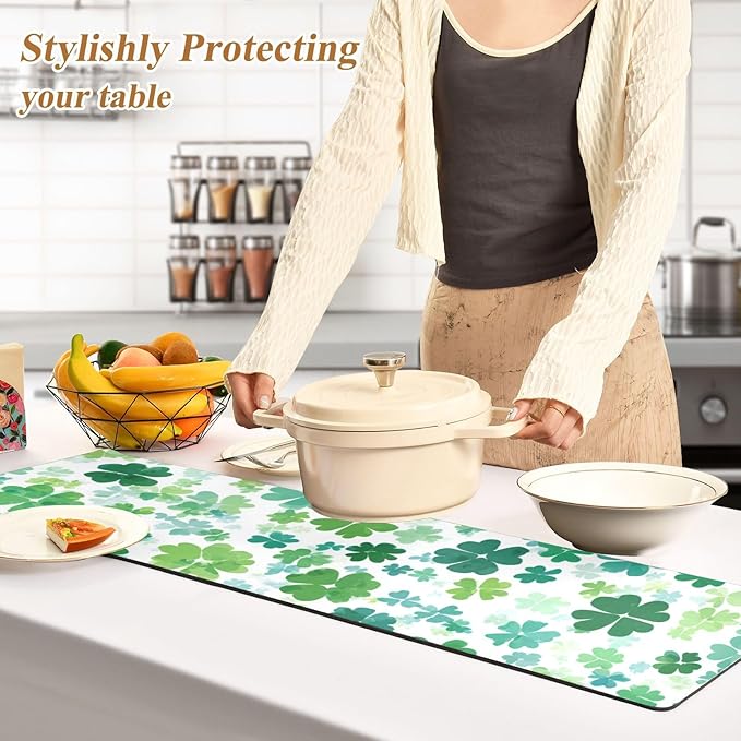 2 in 1 Table Runner Trivet for Hot Pots and Pans Heat Resistant Non Slip Waterproof 39 x 12 Inch Decorative Table Protector for Kitchen Countertop Green Clovers Gradient