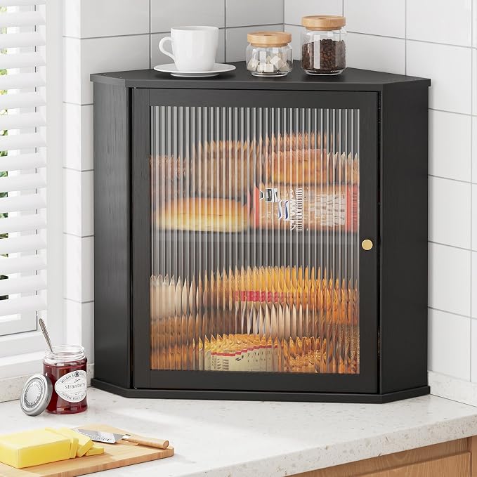 Kitsure Bread Box - 2-Tier Corner Bread Box for Kitchen Countertop with Magnetic Acrylic Door, Bamboo Kitchen Counter Organizer for Snacks, Loaves, Homemade Bread Storage, Black, 16.5" H