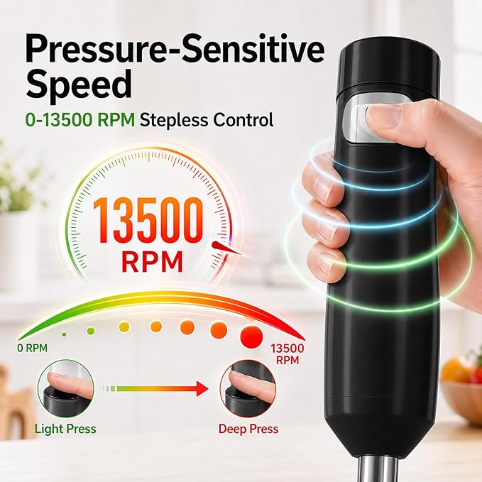 Cordless Immersion Hand Blender (Stick Blender) – Smooth, Controlled Blending for Everyday Cooking, 12V Brushless Motor, Pressure-Sensitive Variable Speed, USB-C Rechargeable, Easy-Clean (Black)