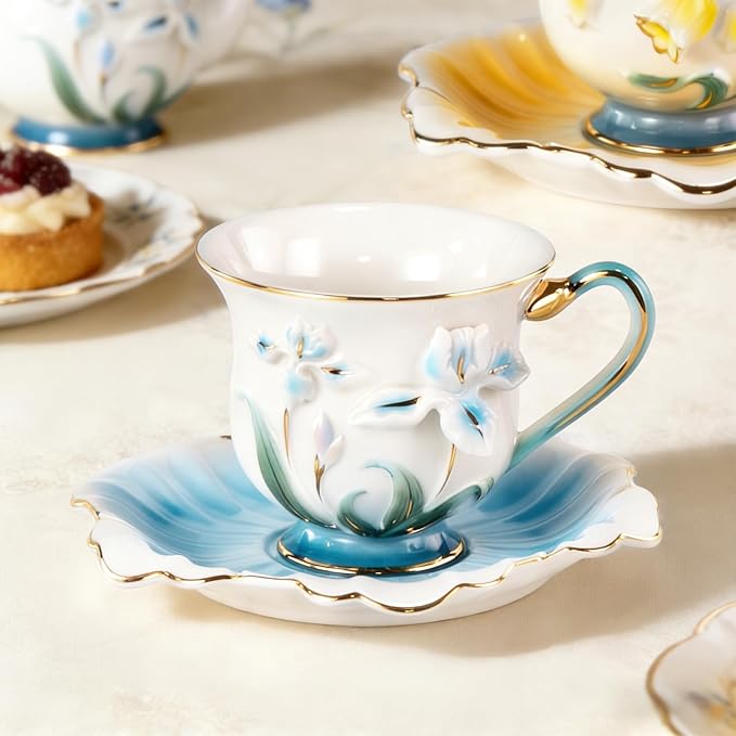 KAMMAK Tea Cups and Saucers Set of 2, Porcelain Coffee Cups, Stackable Espresso Mugs, Ceramic Demitasse for Coffee, Latte, Americano, Tea, Relief - Yellow + Blue