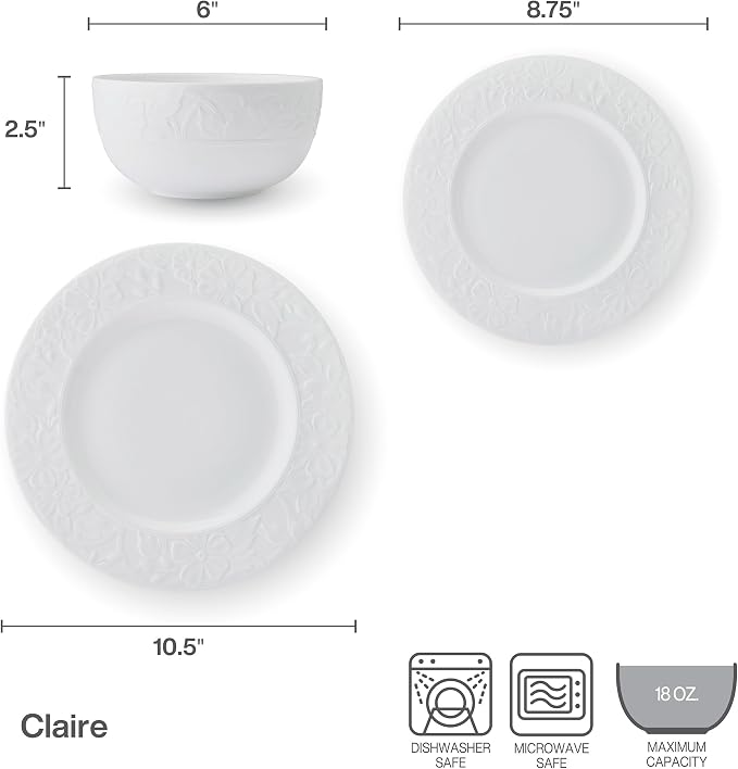 Mikasa Claire Floral Bone China Lightweight Chip Resistant 12 Piece Dinnerware Set, Service for 4, White