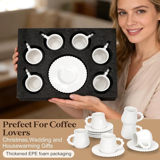 Coffee Cup Set of 6 with Saucers, 3.5 OZ Ceramic Espresso Cups, Demitasse Coffee Cup Gift for Double Shot, Latte, Cafe Mocha, Dishwasher & Microwave Safe, Elegant Deco (Pure White / 100 ml / 6 Sets)