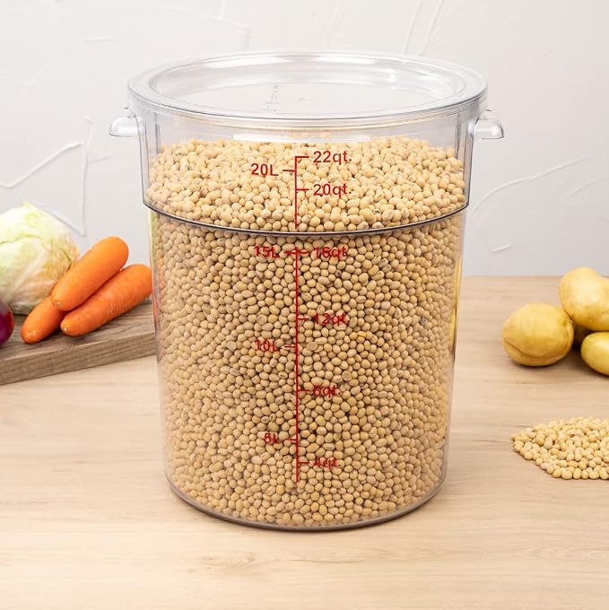 Restaurantware Met Lux 22 Quart Food Storage Containers 10 Round Commercial Storage Containers - Lids Sold Separately With Volume Markers Clear Plastic Food Prep Buckets Space-Saving Storage