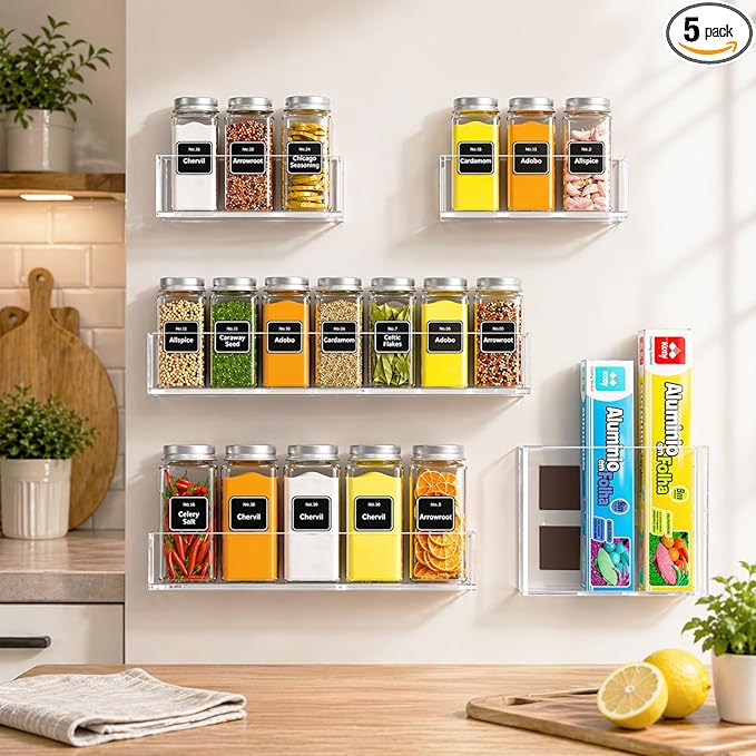 Magnetic Spice Rack Organizer for Refrigerator, Acrylic Magnetic Storage Shelf Set (5 Pack, 3 Sizes), Strong Fridge Organizer for Spices, Bottles, Wraps & Snacks, Space-Saving Kitchen Storage Solution