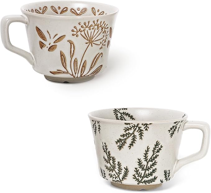 Vintage Ceramic Mug Set - 12 oz Unique Ceramic Coffee Mugs & Tea Cups with Hand-Drawn Patterns, Dishwasher & Microwave Safe, Ideal Gift