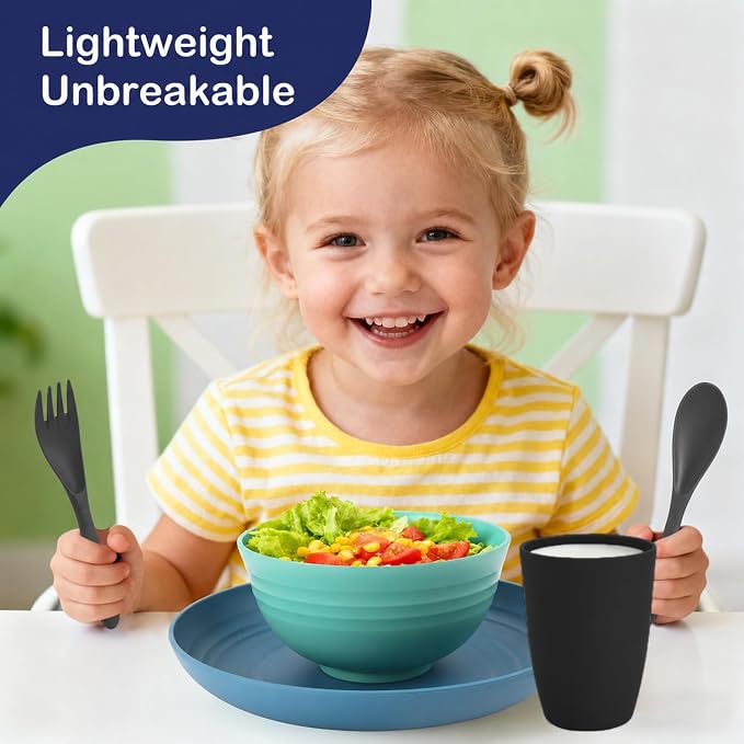 Unbreakable Wheat Straw Dinnerware Set 20 PCS - Kids Plates and Bowls Set for 4,Dishwasher & Microwave Safe Lightweight Toddler Dish Set for Party Camping Kitchen - Calm Tones
