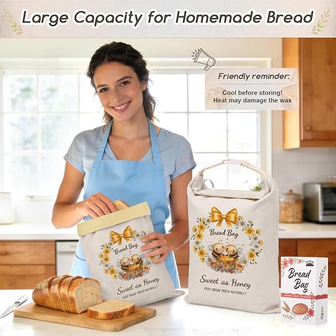 Beeswax Bread Bags for Sourdough, 2 Pack Reusable Bread Bag for Storage XL 17x13 Inch, Daisy Print Bread Bags for Homemade Sourdough - Keep Fresh, Freezer Safe
