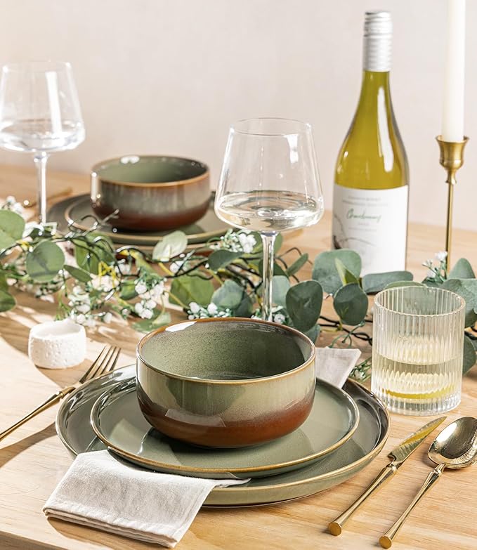 TheTerra Ceramic Dinnerware Sets for 4, 12 Pieces Handmade Reactive Glaze Plates and Bowls Set, Scratch Resistant Dish Set, Oven & Microwave & Dishwasher Safe, Sage Umber | Handmade Reactive Glaze, Scratch Resistant, Oven & Microwave & Dishwasher Safe,...