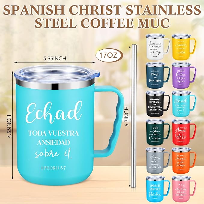 Sieral 12 Pcs Christian Gifts Coffee Mugs with Straw Lid 17 oz Religious Cups with Bible Stainless Steel Tumbler Inspirational Gifts for Women Men Pastor's Church Group(Multiple Colors,Spanish)