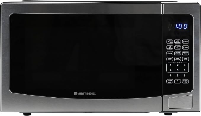 West Bend Microwave Oven 1000-Watts Compact with 6 Pre-Set Cooking Settings, Time and Weight Defrost, Electronic Control Panel and Glass Turntable, 1.1 Cu.Ft., Stainless Steel