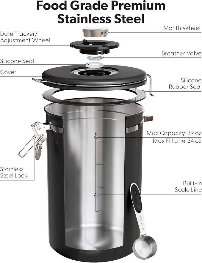Veken Large Coffee Canister with Window, Kitchen Food Storage Airtight Stainless Steel Container for 2.2lbs Coffee Beans, Grounds, Rice,Tea, Flour, Cereal, Sugar Jars,Date Tracker and Scoop 39oz,Black