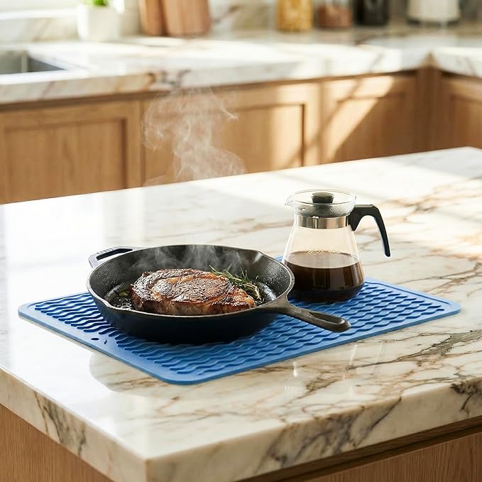 MicoYang Silicone Dish Drying Mat for Multiple Usage,Easy clean,Eco-friendly,Heat-resistant Silicone Mat for Kitchen Counter or Sink,Refrigerator or drawer liner Lichen BlueL L 16 inches x 12 inches