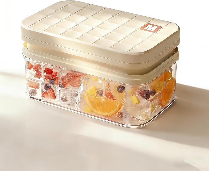 Ice Cube Tray - Freezer Ice Tray Ice Mold Ice Maker for Drinks Whiskey Beer Cocktail Coffee, Transparent Sealed Lid Design for Keep Ice Clean, With Tweezers and 2 Ice Trays Storage（White）