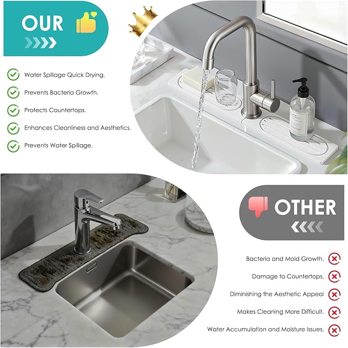 4Pcs Stone Faucet Mat for Kitchen Sink, Diatomite Quick Dry Water Absorbing Stone Tray & Sink Protector Splash Guard for Bathroom Counter, White, 23.46" x 3.86"