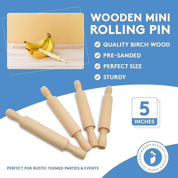 Wooden Mini Rolling Pin, 5 Inches Long, Pack of 50, Great for in The Kitchen and Crafting by Woodpeckers