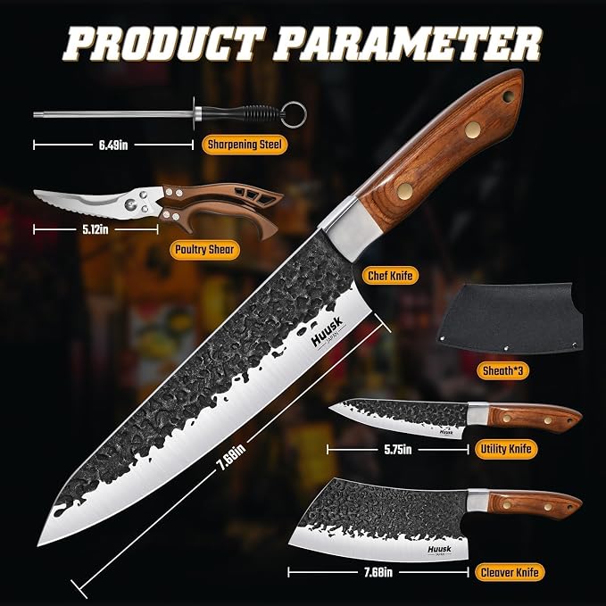 Huusk Chef Knife Set 5 PCS - Hand Forged High Carbon Steel Butcher Knife Set with Poultry Shears & Sharpening Rod, Cooking Knives with Bag for Grill BBQ Camping, Gifts for Men and Women