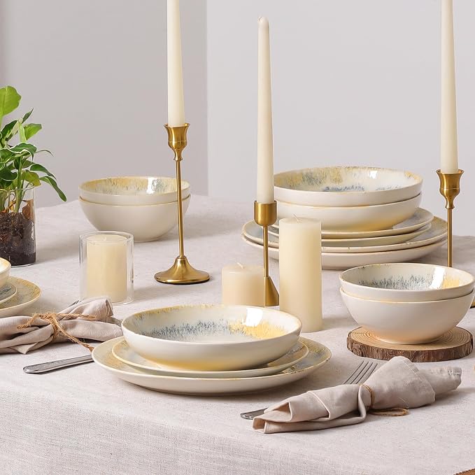 DOMICREVERY Ceramic Dinnerware Sets for 4, 16 pcs Plates and Bowls Sets, Lemon Sea