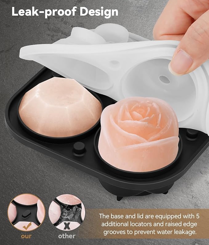 Ice Cube Tray with Lid, Silicone Ice Molds with Round, Square, Diamond, Rose, Large Ice Cube Mold for Whiskey, Bourbon, Cocktails, Easy Release BPA Free, Set of 2 (Pack of 2)