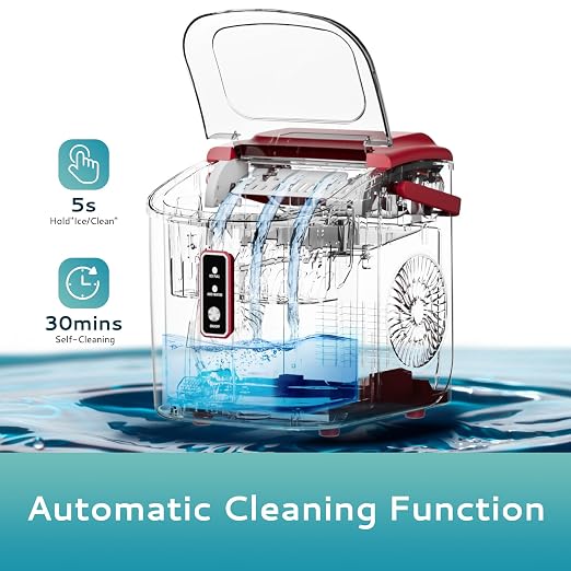 EUHOMY Countertop Ice Maker Machine with Handle, 26.5lbs Per Day, 9 Cubes in 6 Mins, Auto-Cleaning Portable Ice Maker with Basket and Scoop, for Home/Kitchen/Camping/RV (Red)