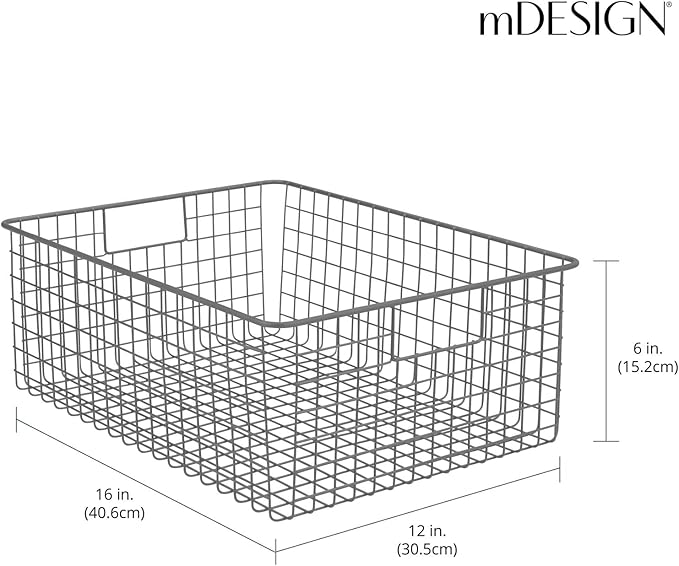 mDesign Metal Wire Food Storage Basket Organizer with Handles for Organizing Kitchen Cabinets, Pantry Shelf, Bathroom, Laundry Room, Closets, Garage - Concerto Collection - 2 Pack - Graphite Gray