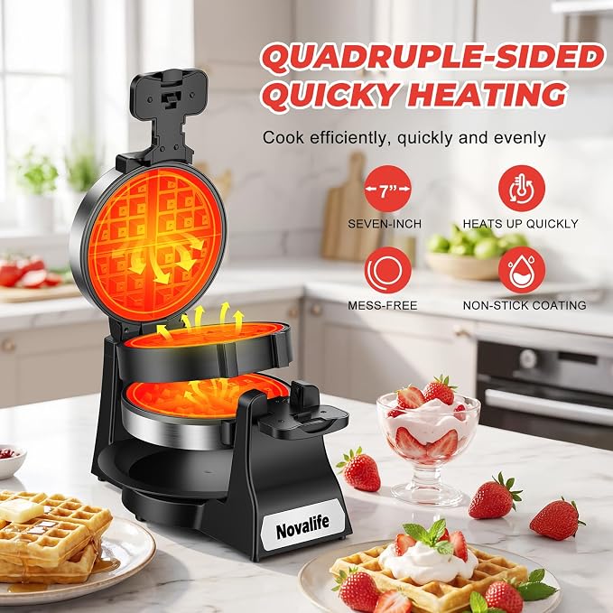 Waffle Maker, 1400W Belgian Waffle Maker, Double Waffle Iron 180° Flip, 8 Slices, Rotating & Nonstick Plates, Removable Drip Tray Easy to Clean, Locking Buckle & Cool Touch Handle