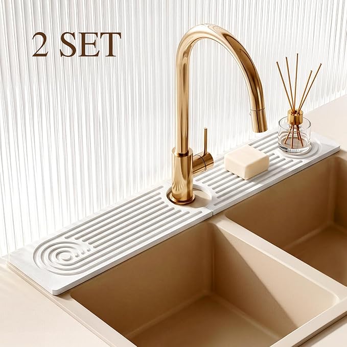 2 Pack Stone Faucet Mat for Kitchen Sink, Absorbing Drying Stone Mat Prevent Moisture, Sink Splash Guard Water,Natural Diatomite Stone Tray for Bathroom Counter 23.6*3.9inch (White+White)