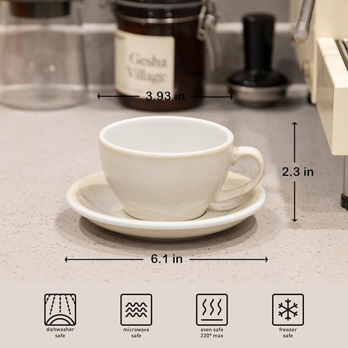 Loveramics Coffee Cup Ceramic, 8 oz Latte Art Cup with Saucer for Cappuccino, Tea, Espresso, Thick - walled stoneware Cappuccino mug Set for Cafe and Barista - Potters Colours (Ivory, 8OZ)