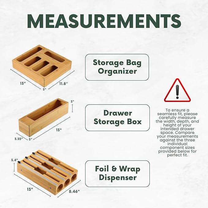 9 in 1 Bamboo Storage Bag Organizer for Kitchen Drawer, Bamboo Kitchen Drawer Organizer with Cutter, Foil and Plastic Wrap Dispenser, Ideal Storage for Gallon, Quart, Sandwich and Snack Bags