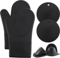 COOK WITH COLOR Silicone Oven Mitts- Heat Resistant Gloves with Soft Quilted Lining Oven Mitt Pot Holders for Cooking and BBQ, Black, Mitt Set