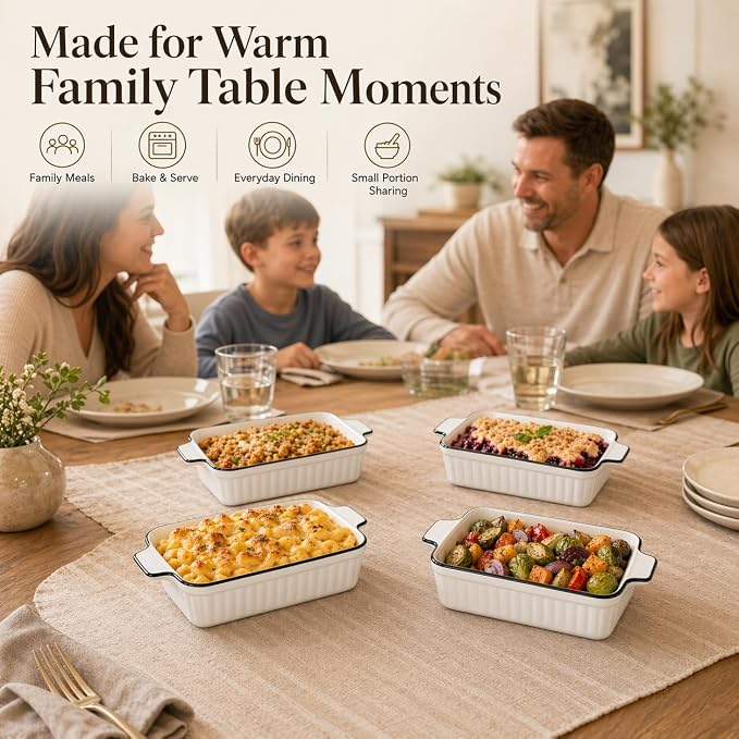 12 Oz Casserole Dish, Ceramic Baking Dishes Sets of 4, Small Casserole Dish with Handle, Porcelain Bakeware Sets, 5" Rectangular Baking Serving Dish for Casserole, Cakes, Dishwasher Oven Safe