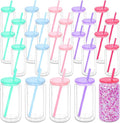 16 Oz Acrylic Snowglobe Tumbler, 25 Pack Pre-Drilled Double Wall Plastic Clear Cup for Glitter Snow Globe Diy, Double Wall Plastic Snowglobe Cup with Colorful Lid