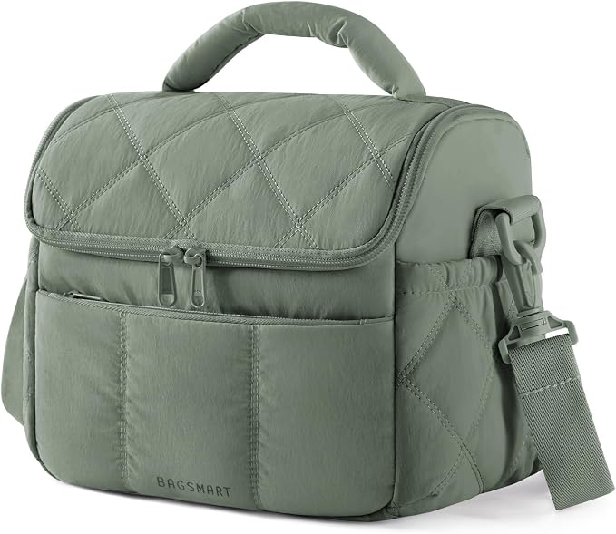 BAGSMART Insulated Lunch Bags for Women, Cute Quilted Lunch Box, Lightweight Puffy Padded Waterproof Lunch Tote, Reusable Lunch Cooler for Work Picnic Travel, Olive Green