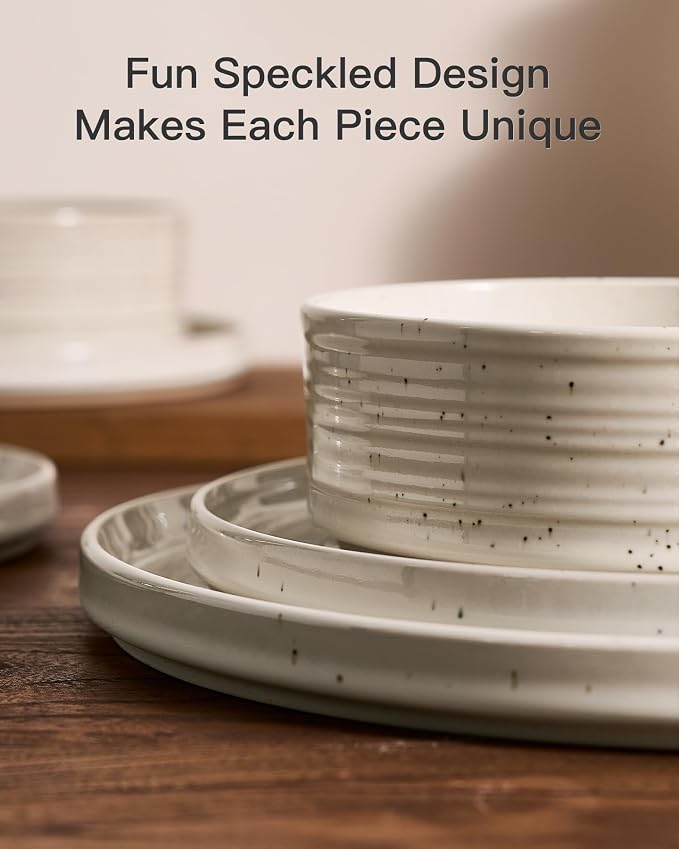 18-Piece Reactive Glaze Stoneware Dinnerware Sets for 6 - High Edge Plates & Bowls, Speckles & Spirals - Chip & Scratch Resistant, Microwave & Dishwasher Safe - Gift Box, Shell Beige
